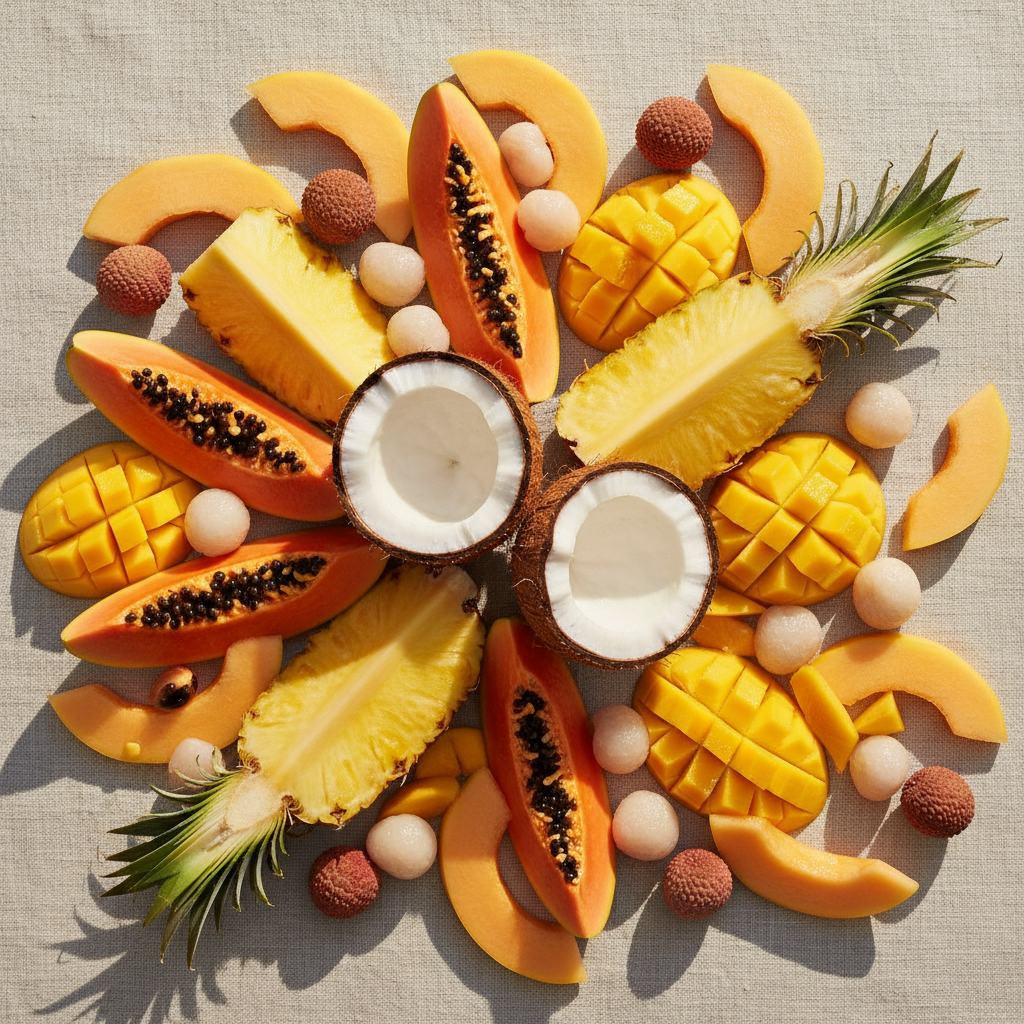 Frutta tropicale tagliata: cocco, papaya, ananas e mango su un piano luminoso