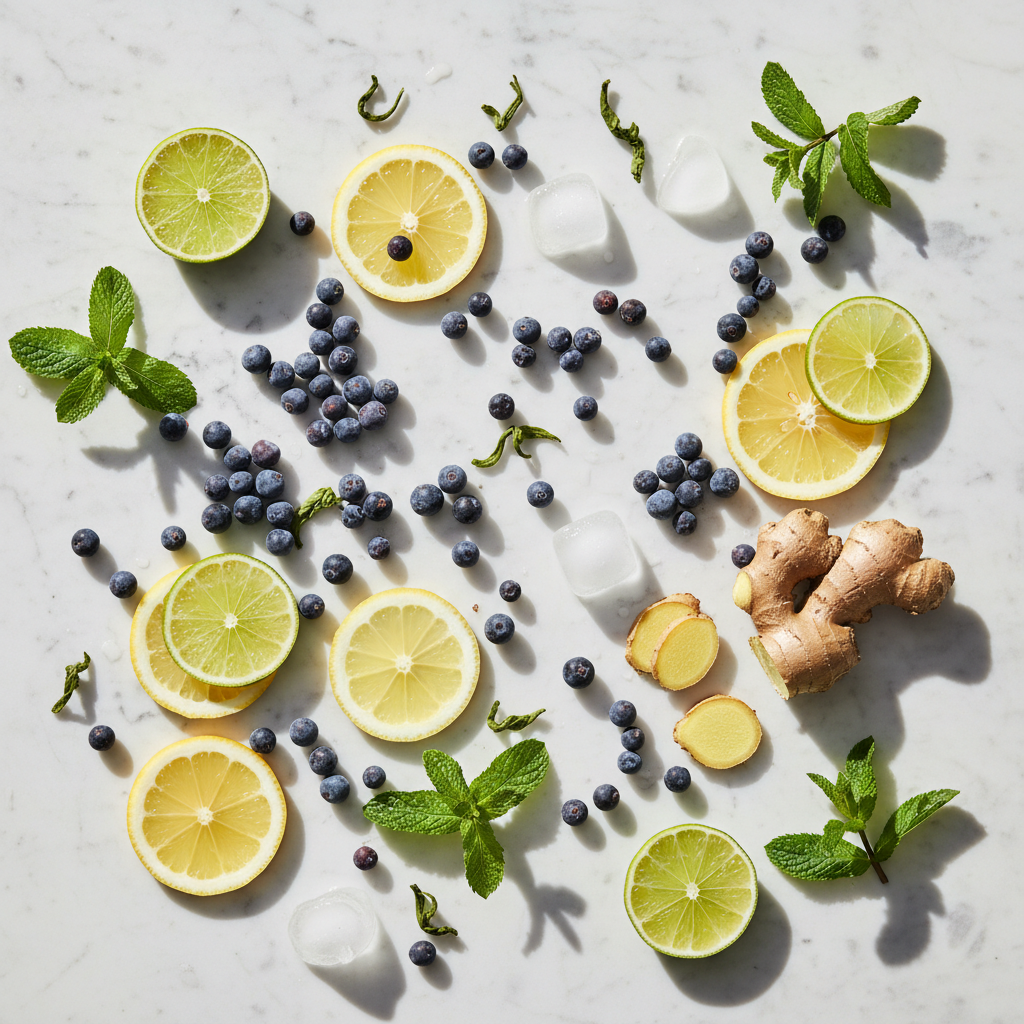 Botanische Zutaten des Gins: Wacholderbeeren, Zitrusfrüchte, Minze und grüner Tee auf einer Marmorplatte