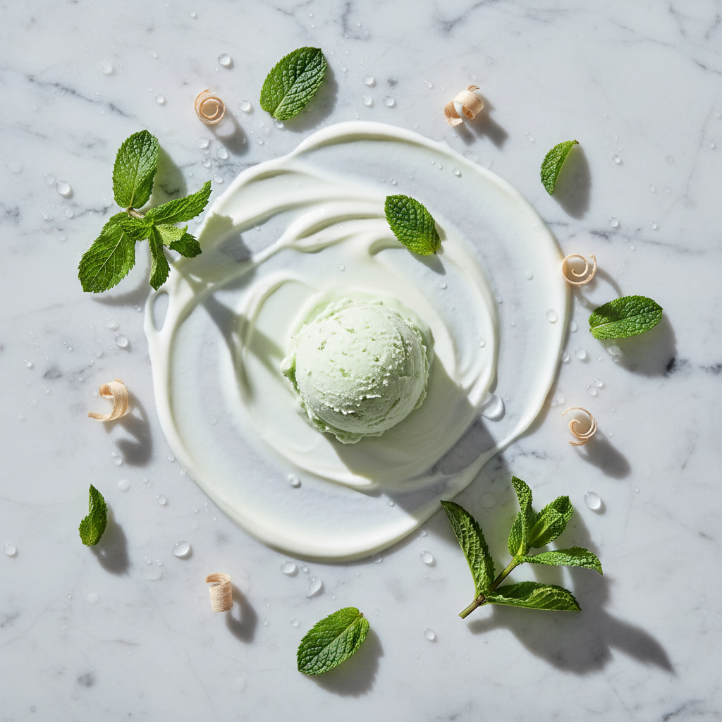 Frische Minze und Creme: Minzblätter, Sahne und helles Holz auf einer Marmorplatte