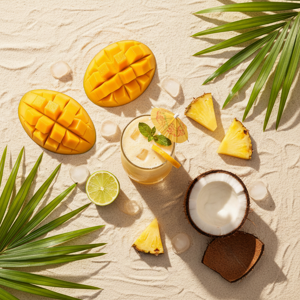 Cocktail tropicale: piña colada al mango con ananas, cocco e foglie di palma