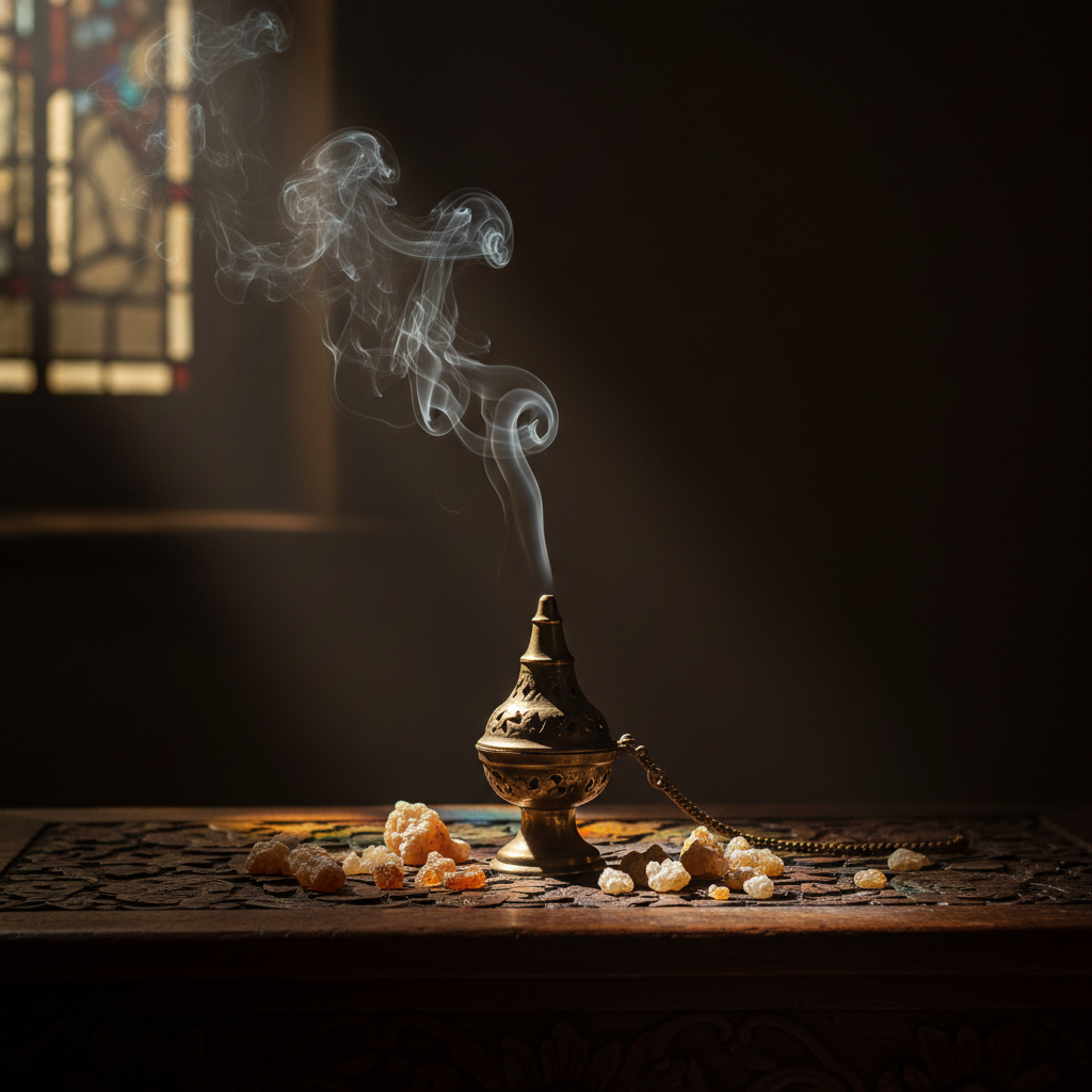 Weihrauch und Harze: aufsteigender Rauch, Olibanum-Körner und dunkles Holz in warmem Licht