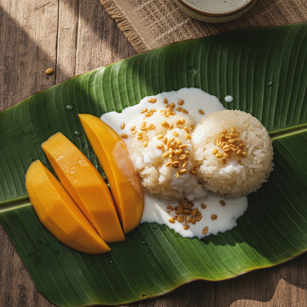 Mango sticky rice: riso glutinoso, fette di mango maturo e latte di cocco su foglia di banano