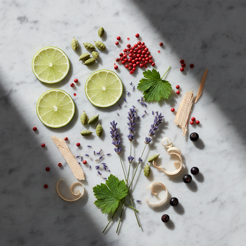 Ingredienti del fougère: lime, pepe rosa, cardamomo, lavanda e legno di cedro su marmo