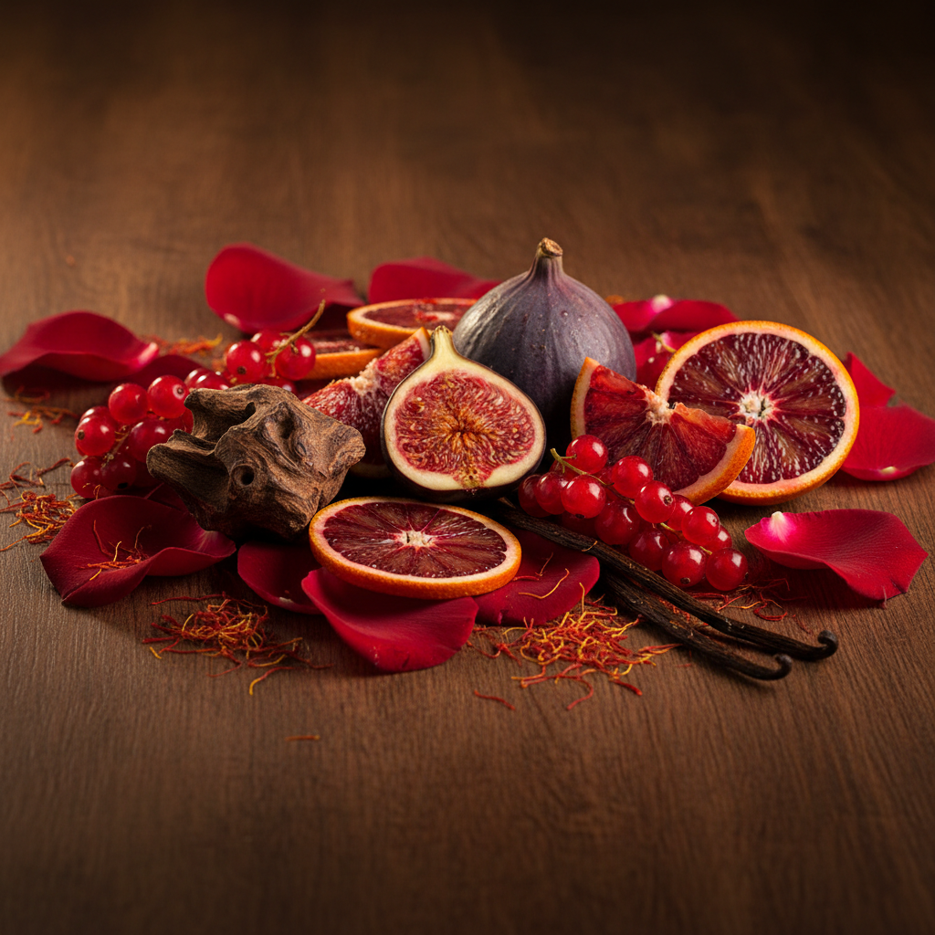 Rosa, fico, arancia rossa, zafferano e legno di oud in luce calda e dorata