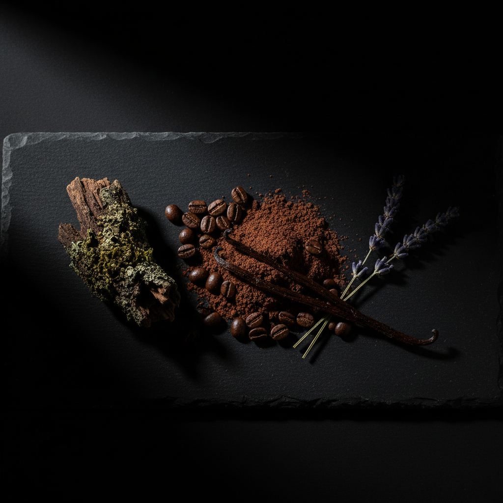 Bitteres Kakaopulver, geröstete Kaffeebohnen, Vanilleschote und getrockneter Lavendel auf dunklem Stein